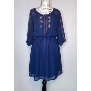 Bongo Southwestern Embroidered Overlay Mini Dress Womens MED Blue Cottage
